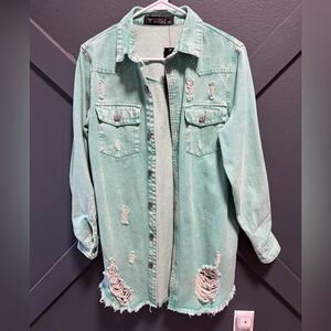 Lucky & Blessed Light Green/Turquoise Distressed Tunic Length Denim Jacket